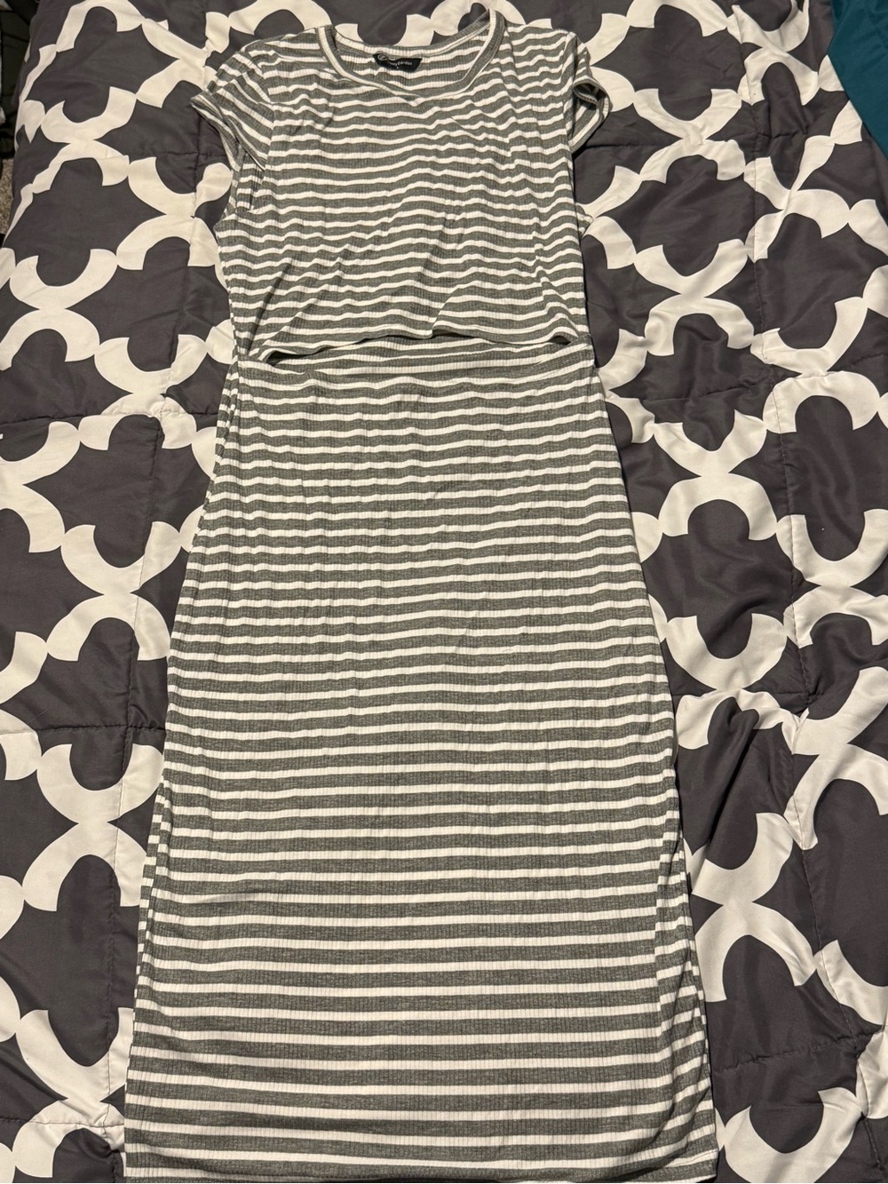 NWOT Gray and White Striped Midi Dress with Cap Sleeves and Cutout